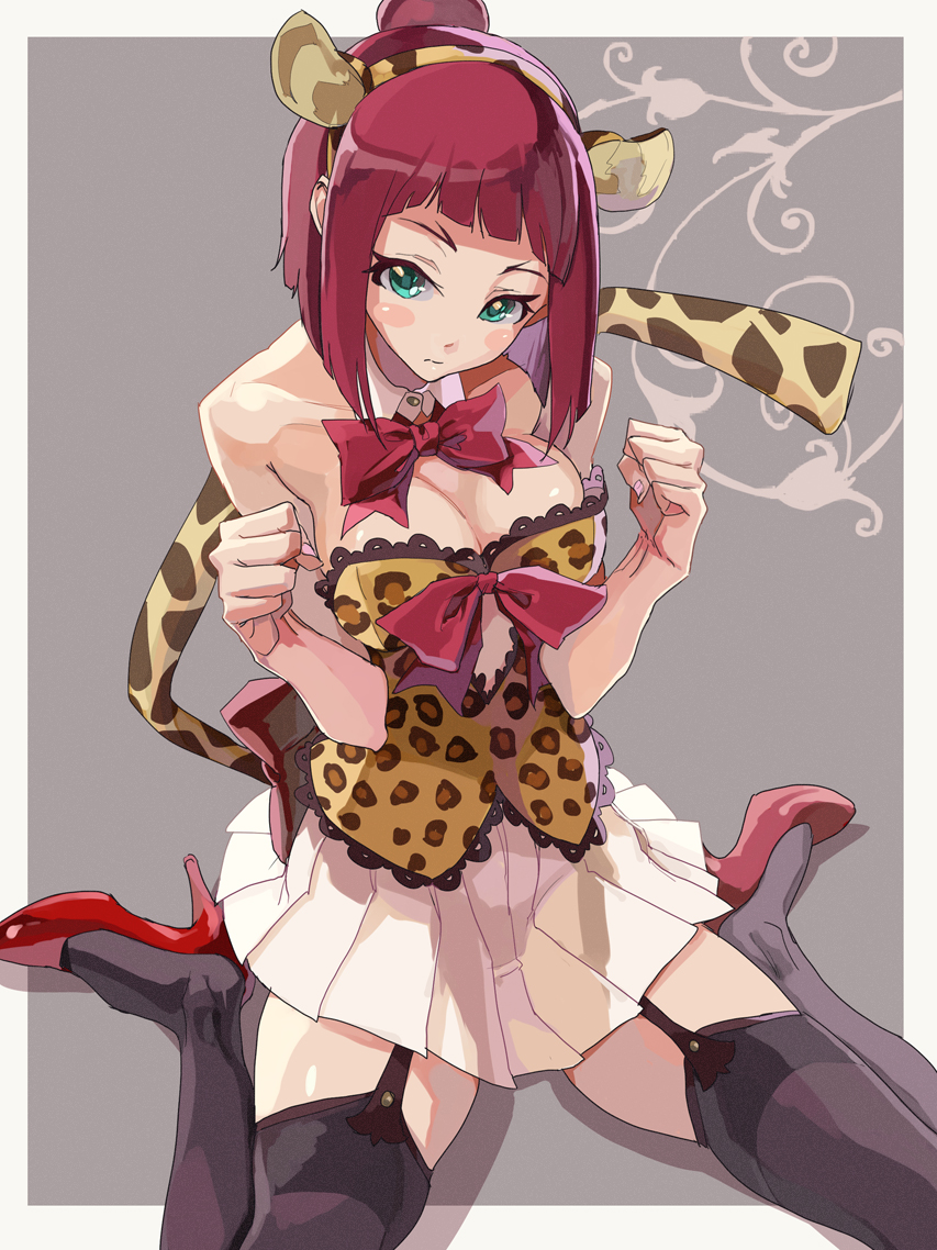 animal_ears animal_print bangs black_legwear blunt_bangs blush_stickers bow bowtie breasts cleavage clenched_hands closed_mouth detached_collar fake_animal_ears fake_tail fingernails garter_straps green_eyes grey_background hair_bun head_tilt high_heels lace lace-trimmed_shirt leopard_ears leopard_print leopard_tail light_frown looking_at_viewer medium_breasts miniskirt outside_border pleated_skirt red_footwear red_hair red_neckwear saki shadow shirt short_hair sitting skirt solo strapless tail thighhighs usuzawa_sae w_arms wariza white_collar white_skirt wing_collar yaku_yojino