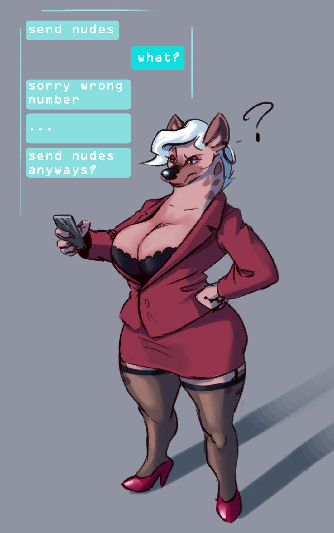 ? anthro big_breasts bra breasts business_suit cellphone claws cleavage clothed clothing ear_piercing english_text female footwear garter grey_background hair hand_on_hip high_heels hoop_earring hyena legwear mammal mature_female maude_hyena phone piercing raised_eyebrow shoes simple_background skirt solo suit text thigh_highs underwear unknown_artist white_hair wide_hips