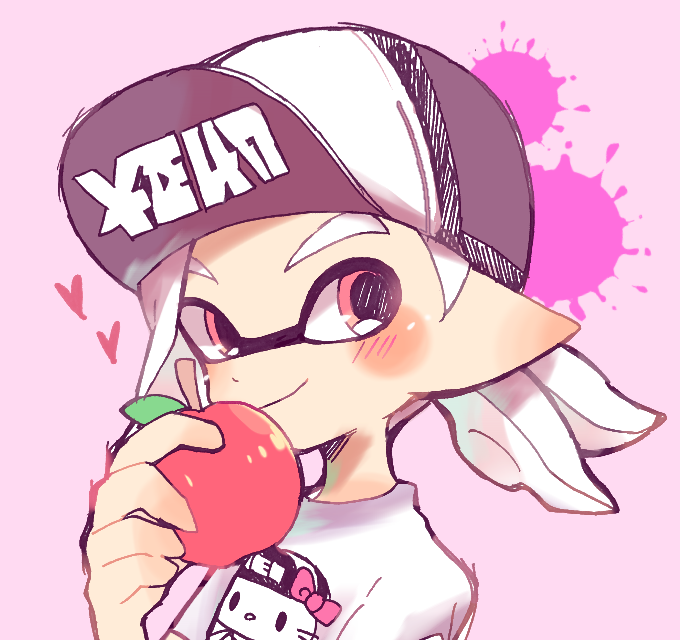 apple baseball_cap blush blush_stickers domino_mask food fruit hat hello_kitty hello_kitty_(character) inkling low_ponytail male_focus mask pink_background pink_eyes pointy_ears shirt simple_background smile solo splatoon_(series) splatoon_2 t-shirt tentacle_hair upper_body white_hair yataba