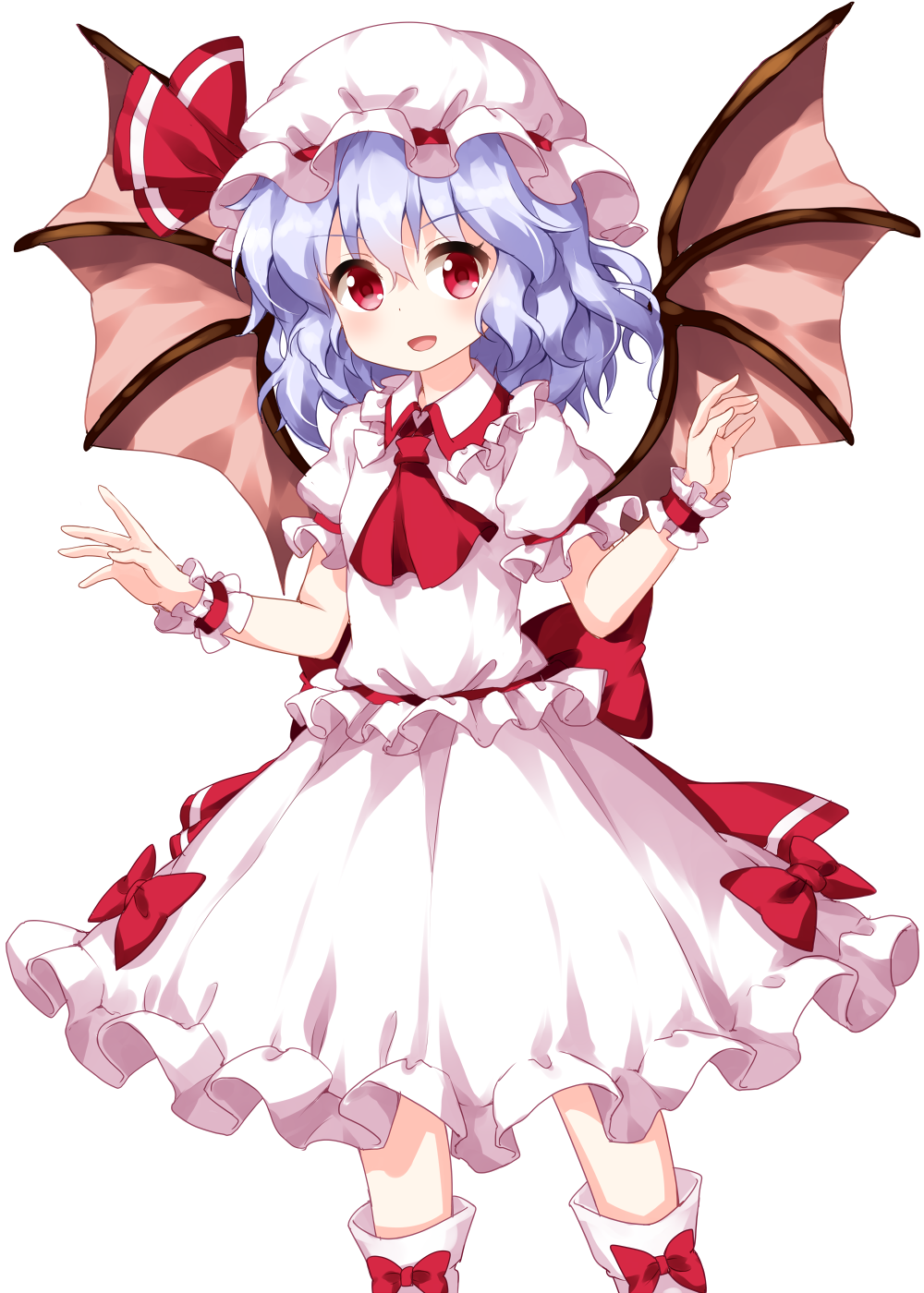 :d ascot bat_wings blue_hair blush bow commentary_request dress eyebrows_visible_through_hair feet_out_of_frame frilled_shirt_collar frills hair_between_eyes hands_up hat hat_ribbon highres looking_at_viewer mob_cap open_mouth puffy_short_sleeves puffy_sleeves red_bow red_eyes red_neckwear red_ribbon red_sash remilia_scarlet ribbon ruu_(tksymkw) sash short_hair short_sleeves simple_background smile sock_bow socks solo standing touhou white_background white_dress white_hat white_legwear wings wrist_cuffs
