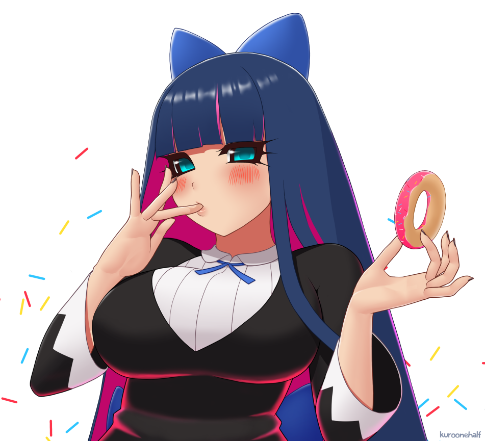 bangs black_dress blue_eyes blunt_bangs blush breasts commentary confetti doughnut dress finger_licking food hands_up holding holding_food kuroonehalf large_breasts licking long_hair long_sleeves looking_at_viewer multicolored_hair panty_&amp;_stocking_with_garterbelt pink_hair purple_hair shirt signature simple_background solo stocking_(psg) straight_hair two-tone_hair upper_body white_background white_shirt
