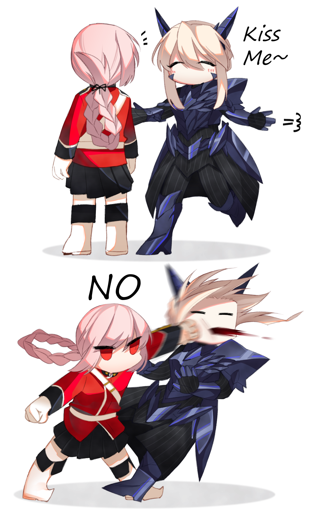 2koma ^_^ armor artoria_pendragon_(all) artoria_pendragon_(lancer_alter) blonde_hair blood blood_from_mouth braid closed_eyes comic commentary_request english fate/grand_order fate_(series) florence_nightingale_(fate/grand_order) gauntlets hair_between_eyes highres hochikass horns in_the_face korean_commentary long_sleeves military military_uniform motion_blur multiple_girls no pink_hair punching red_eyes rejection smile uniform