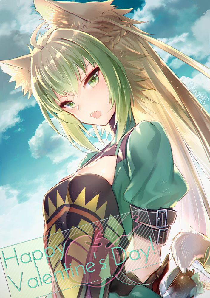 ahoge animal_ears apple arms_behind_back atalanta_(fate) bangs blonde_hair blush braid breasts buckle cat_ears cat_tail cloud commentary_request day fate/apocrypha fate/grand_order fate_(series) food fruit green_eyes green_hair hair_between_eyes happy_valentine long_hair looking_at_viewer medium_breasts miyuki_ruria multicolored_hair sidelocks sky solo tail two-tone_hair upper_body valentine
