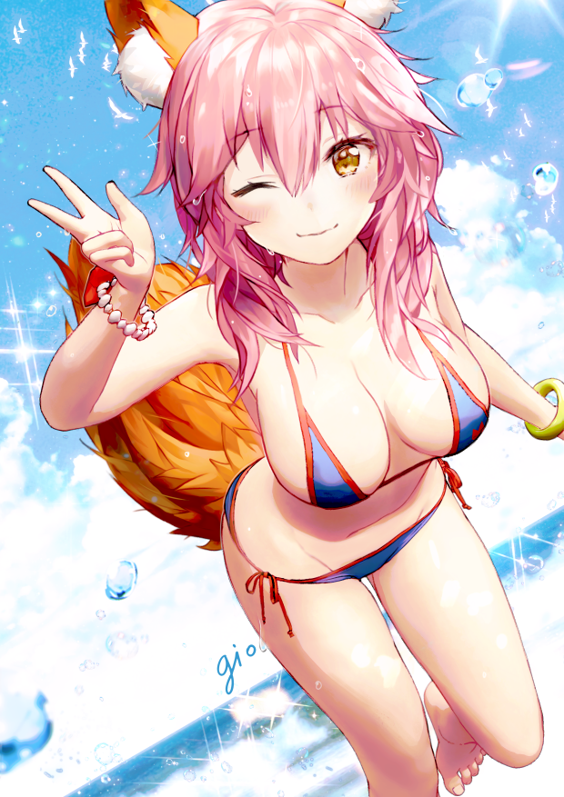 animal_ear_fluff animal_ears bangs barefoot beach bikini bird blue_bikini blush bracelet breasts cloud collarbone day eyebrows_visible_through_hair fate/grand_order fate_(series) feet fox_ears fox_tail gio_(maroon0924) hair_between_eyes jewelry large_breasts looking_at_viewer one_eye_closed outdoors pink_hair side-tie_bikini signature sky smile solo standing standing_on_one_leg sunlight swimsuit tail tamamo_(fate)_(all) tamamo_no_mae_(swimsuit_lancer)_(fate) thighs w water wet wet_hair yellow_eyes