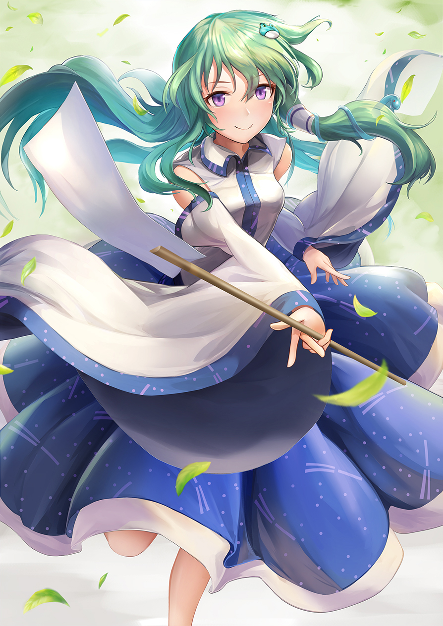 bare_shoulders blue_skirt breasts closed_mouth commentary_request detached_sleeves eyebrows_visible_through_hair feet_out_of_frame floating_hair frog_hair_ornament gohei green_background green_hair grey_background hair_between_eyes hair_ornament hair_tubes highres holding kochiya_sanae leaf leg_up long_hair long_sleeves looking_at_viewer medium_breasts morichika_shuuto purple_eyes revision shirt skirt smile snake_hair_ornament solo standing touhou white_shirt wide_sleeves