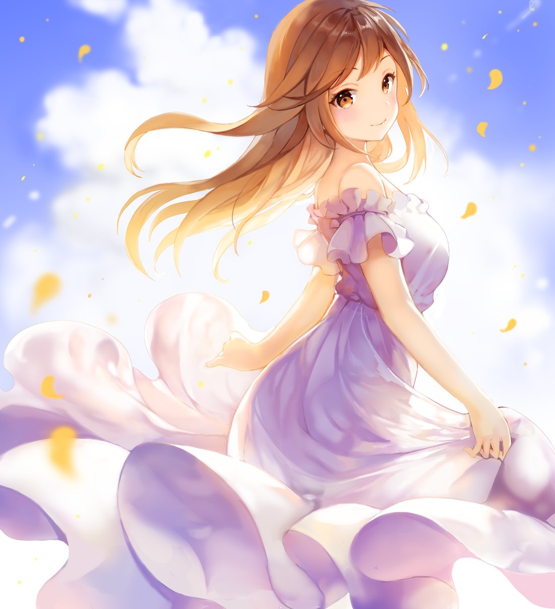 bare_shoulders blue_sky blush brown_hair closed_mouth cloud cloudy_sky commentary_request dress highres light_rays long_hair looking_at_viewer looking_to_the_side original purple_dress short_sleeves sibyl sky smile solo standing