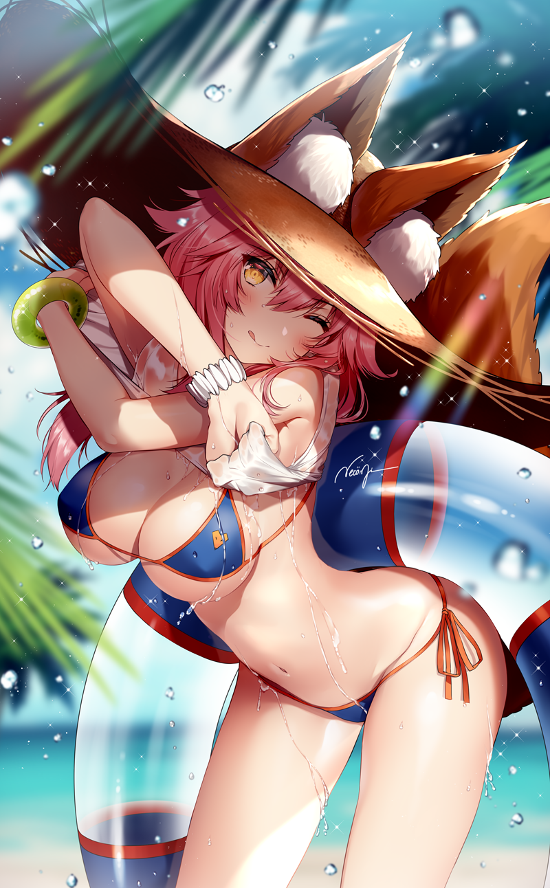 ;q animal_ear_fluff animal_ears bangs beach bikini blue_bikini blurry blurry_background blush bracelet breasts brown_eyes cleavage cloud commentary_request day eyebrows_visible_through_hair fate/grand_order fate_(series) fox_ears fox_tail hat highres innertube jewelry large_breasts long_hair looking_at_viewer navel necomi ocean one_eye_closed outdoors pink_hair shiny shirt side-tie_bikini signature sky smile solo sparkle straw_hat sun_hat swimsuit tail tamamo_(fate)_(all) tamamo_no_mae_(swimsuit_lancer)_(fate) tongue tongue_out water water_drop wet wet_clothes wet_shirt wet_t-shirt
