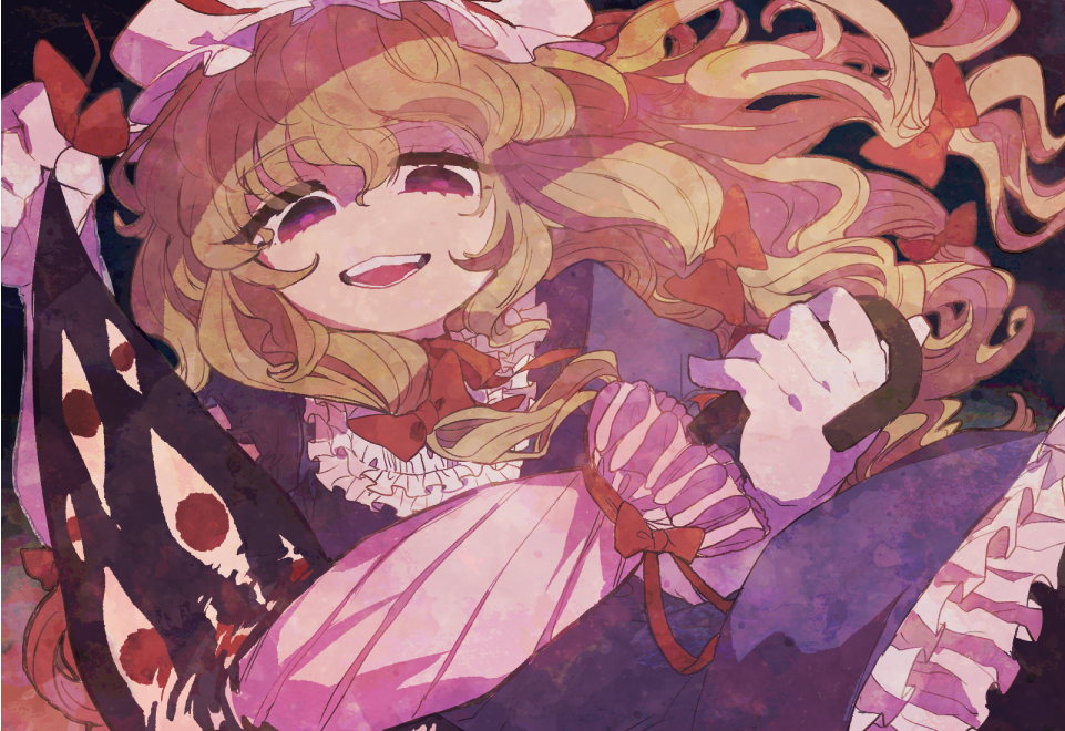 blonde_hair commentary_request dress frilled_dress frills gap hat long_hair looking_at_viewer open_mouth parasol puffy_short_sleeves puffy_sleeves purple_dress purple_eyes red_ribbon ribbon short_sleeves smile solo syoumikigengire teeth touhou umbrella yakumo_yukari