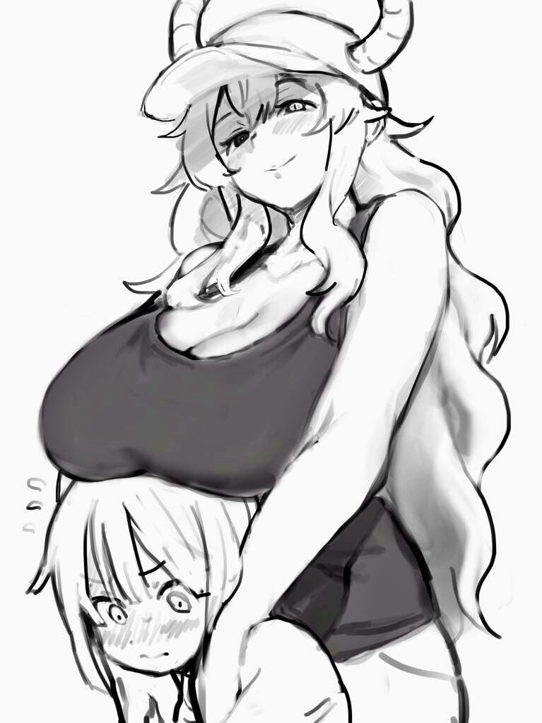 1girl age_difference bare_shoulders baseball_cap blush breast_rest breasts child cleavage dragon_horns greyscale half-closed_eyes hat heterochromia hhsi horns hug hug_from_behind kobayashi-san_chi_no_maidragon large_breasts long_hair magatsuchi_shouta monochrome quetzalcoatl_(maidragon) shorts simple_background smile sweat tank_top white_background