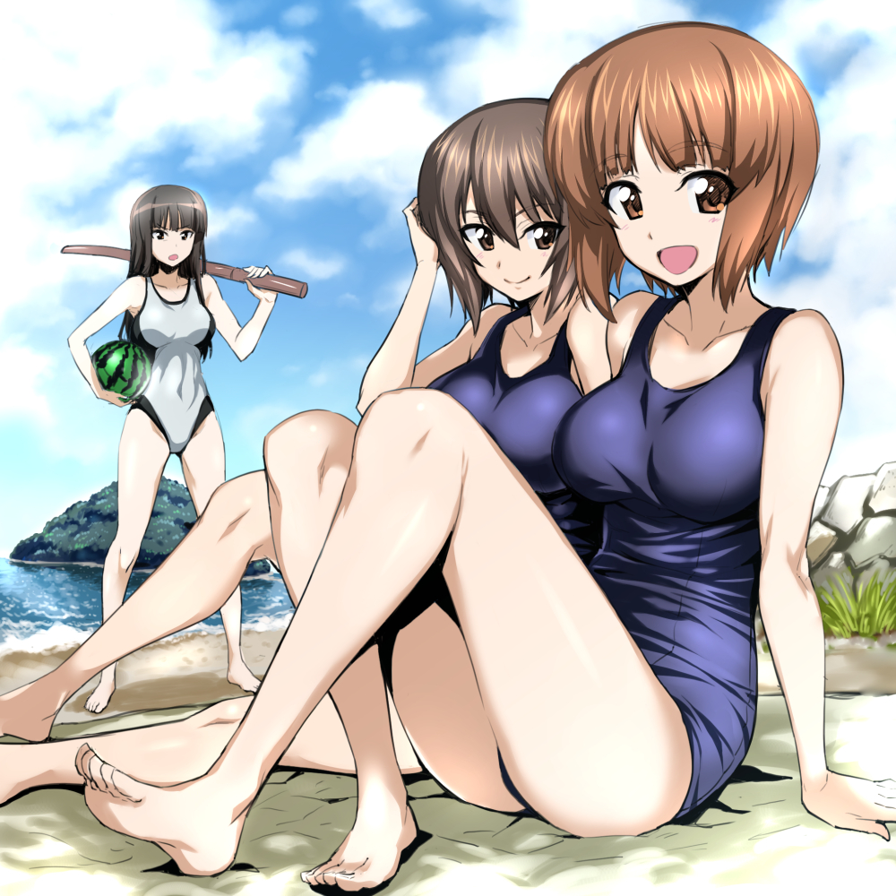 :d barefoot beach black_hair blue_sky blue_swimsuit bokken breasts brown_eyes brown_hair cloud commentary_request competition_swimsuit covered_navel d: day food fruit full_body girls_und_panzer grey_swimsuit holding holding_food holding_fruit long_hair looking_at_viewer mature medium_breasts mother_and_daughter multiple_girls nakahira_guy nishizumi_maho nishizumi_miho nishizumi_shiho one-piece_swimsuit open_mouth outdoors school_swimsuit short_hair siblings sisters sitting sky smile standing swimsuit sword watermelon weapon wooden_sword