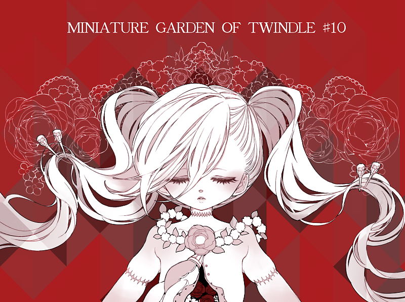 camelia_(twin_doll_no_hakoniwa) chino_machiko closed_eyes corpse death eyelashes facing_viewer flower hair_ornament hair_spread_out hairpin long_hair monochrome parted_lips red red_background rose scar solo stitches twin_doll_no_hakoniwa twintails upper_body