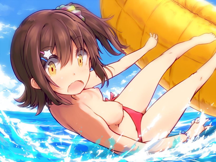 asterisk_(artist) bikini_bottom blue_sky breasts brown_hair cloud day embarrassed eyebrows_visible_through_hair hair_between_eyes hair_ornament hair_scrunchie hairclip idolmaster idolmaster_million_live! innertube kasuga_mirai looking_at_viewer medium_breasts multicolored_scrunchie nipples ocean one_side_up open_clothes open_mouth red_bikini_bottom scrunchie short_hair side-tie_bottom side_ponytail sky solo star star_hair_ornament swimsuit topless tube wavy_mouth yellow_eyes yellow_innertube