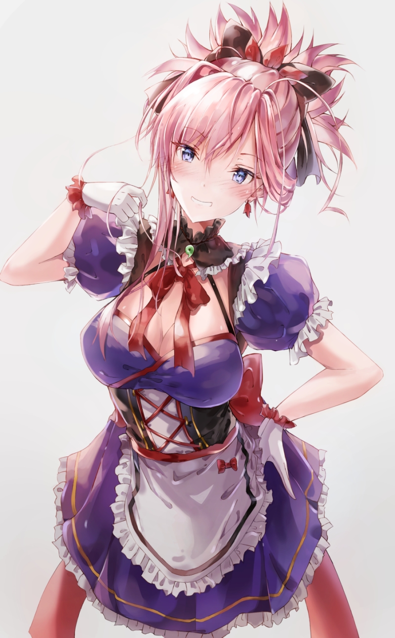 :d alternate_costume apron blue_eyes bow breasts cleavage commentary dress earrings english_commentary enmaided fate/grand_order fate_(series) gloves grey_background hand_up head_tilt highres jewelry large_breasts looking_at_viewer maid maid_apron miyamoto_musashi_(fate/grand_order) namii open_mouth pink_hair puffy_short_sleeves puffy_sleeves purple_dress red_bow short_sleeves simple_background smile solo standing underbust waist_apron white_apron white_gloves