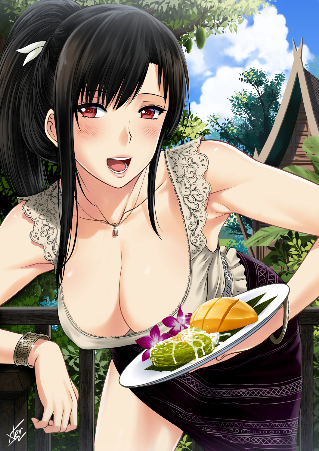 armpits bangle bangs bare_arms bare_shoulders black_hair blue_sky blush bracelet breasts cleavage cloud cloudy cloudy_sky collarbone commentary day english_commentary flower food highres holding holding_food jewelry large_breasts leaning_forward long_hair looking_at_viewer mango millipen_(medium) mixed_media necklace open_mouth original outdoors plate ponytail red_eyes rice signature sky smile solo standing tank_top thailand traditional_media xtermination