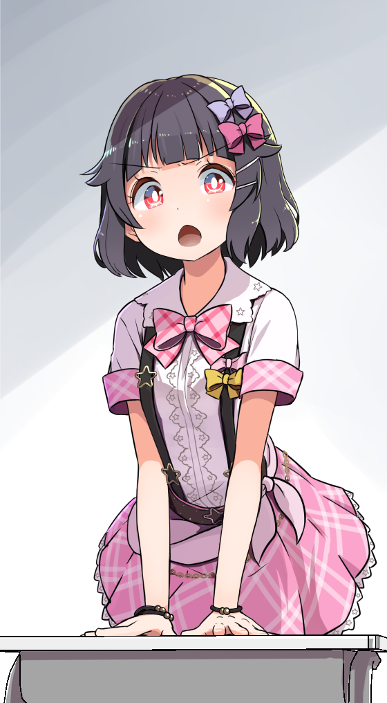 :o bang_dream! bangs belt black_hair bow bowtie bracelet desk hair_bow hair_ornament hairpin jewelry looking_at_viewer pink_bow pink_neckwear pink_skirt plaid_neckwear purple_bow red_eyes school_desk shipii_(jigglypuff) shirt short_hair short_sleeves skirt solo star suspenders textless tied_shirt ushigome_rimi v-shaped_eyebrows white_shirt yellow_bow