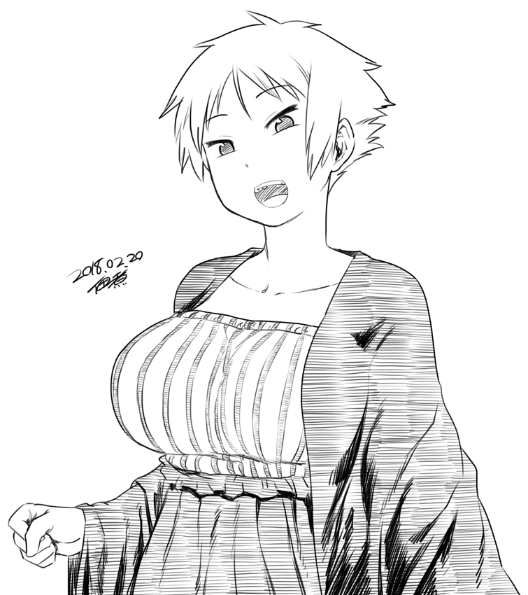 :d breasts dated dress greyscale huge_breasts jacket long_sleeves looking_at_viewer monochrome open_mouth original short_hair signature simple_background smile solo tsukudani_(coke-buta) tsurime-chan upper_body white_background wide_sleeves