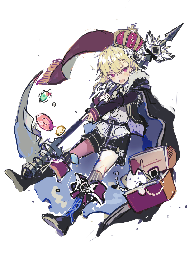 belt black_cape black_footwear black_shorts blonde_hair boots box cape crown full_body holding holding_weapon ikeuchi_tanuma looking_at_viewer male_focus open_mouth original purple_eyes scarf shirt short_shorts shorts simple_background sketch solo weapon white_background white_shirt