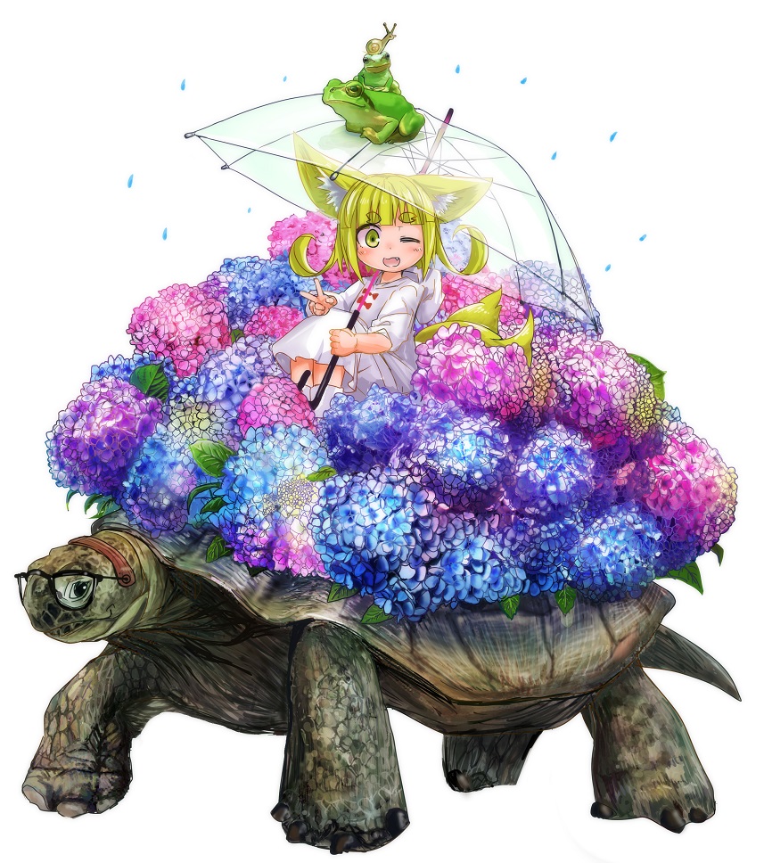 ;d animal animal_ears blonde_hair blue_flower blush boots commentary_request doitsuken fang flower fox_child_(doitsuken) fox_ears fox_tail frog glasses holding holding_umbrella hydrangea looking_at_viewer on_animal one_eye_closed open_mouth original pink_flower purple_flower rain raincoat riding short_hair simple_background sitting smile snail solo tail tortoise transparent transparent_umbrella turtle umbrella v water_drop white_background white_coat white_footwear yellow_eyes