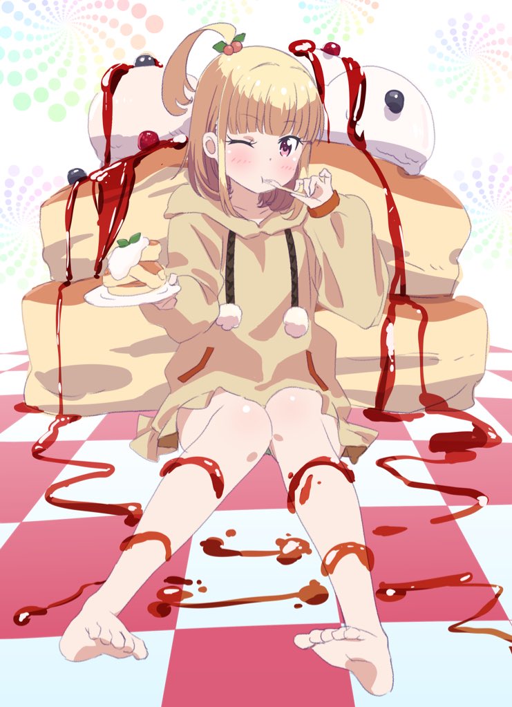 bare_legs barefoot blonde_hair commentary_request eating food fork full_body hair_bobbles hair_ornament hand_up holding holding_fork hood hood_down hoodie iijima_yun long_sleeves looking_at_viewer new_game! one_eye_closed one_side_up pancake pink_x plate red_eyes soles solo
