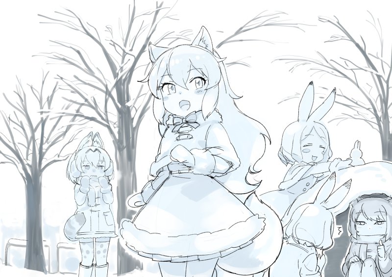 5girls :3 alternate_footwear animal_ears arctic_fox_(kemono_friends) arctic_hare_(kemono_friends) arm_at_side bare_tree blush blush_stickers boots breath bunny_ears capelet closed_eyes coat cold commentary dot_nose earmuffs expressionless fox_ears fox_girl fox_tail fur-trimmed_capelet fur_trim hair_between_eyes hand_on_own_knee hand_up hands_up jitome jpeg_artifacts kanemaru_(knmr_fd) kemono_friends knee_boots knees_up long_hair long_sleeves looking_away mittens monochrome mountain_hare_(kemono_friends) multiple_girls official_art open_mouth outdoors ribbon scarf scarf_over_mouth serval_(kemono_friends) serval_ears serval_print serval_tail short_hair sitting smile snow snowman standing striped_tail tail thumbs_up tibetan_sand_fox_(kemono_friends) tree |3