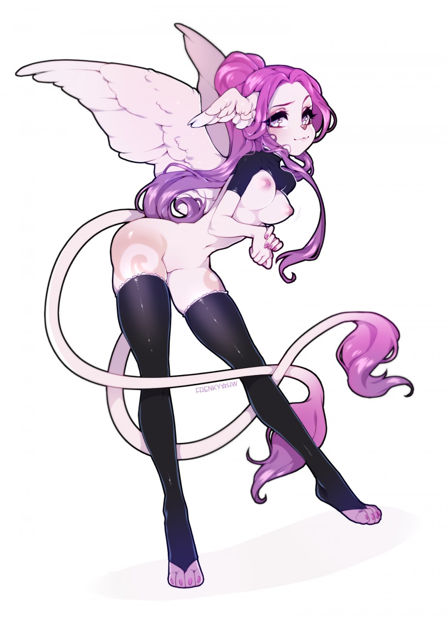 &lt;3 &lt;3_eyes angel anthro areola breasts butt canine clothing dog female frenky_hw hair legwear long_hair looking_at_viewer mammal markings navel nipples pink_skin purple_eyes purple_hair pussy simple_background smile solo thick_thighs thigh_highs white_background wings