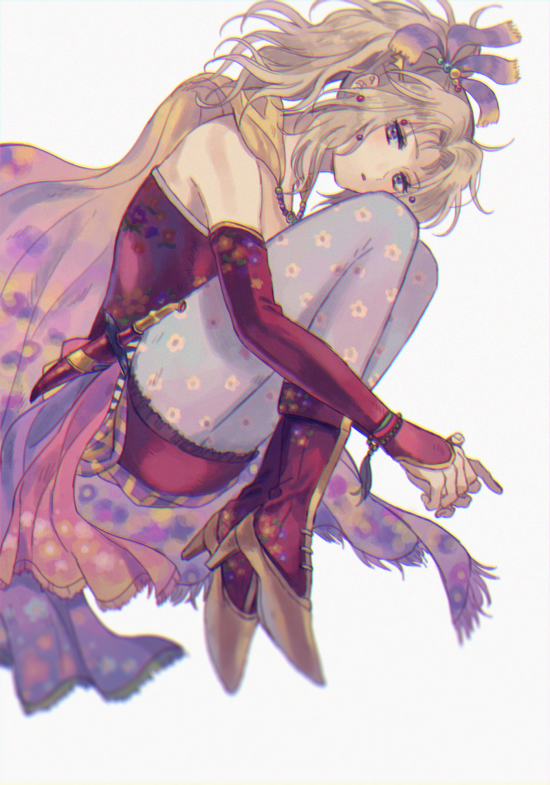 bare_shoulders beads blonde_hair blue_legwear bracelet cape dagger detached_sleeves dress fetal_position final_fantasy final_fantasy_vi floral_print hair_beads hair_ornament high_heels humiyooo jewelry long_sleeves necklace open_mouth pantyhose ponytail print_legwear purple_eyes red_dress sheath sheathed short_dress sleeves_past_wrists solo strapless strapless_dress tina_branford wavy_hair weapon