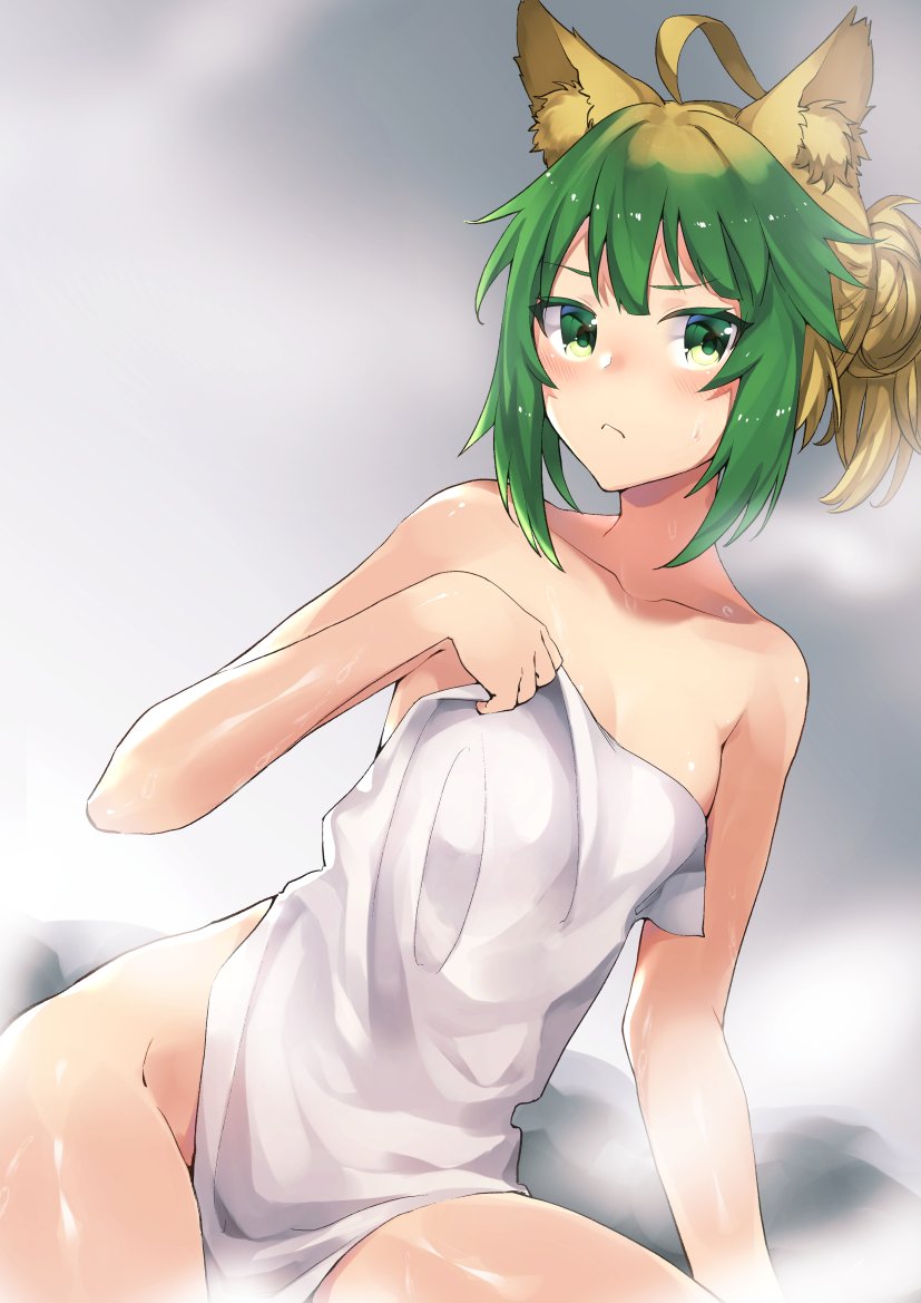 ahoge alternate_hairstyle animal_ears arm_support atalanta_(fate) blonde_hair blush breasts cat_ears cleavage fate/apocrypha fate/grand_order fate_(series) green_eyes green_hair groin hair_between_eyes looking_at_viewer naked_towel pout short_hair small_breasts solo steam sweat tanaka_arumi thighs towel