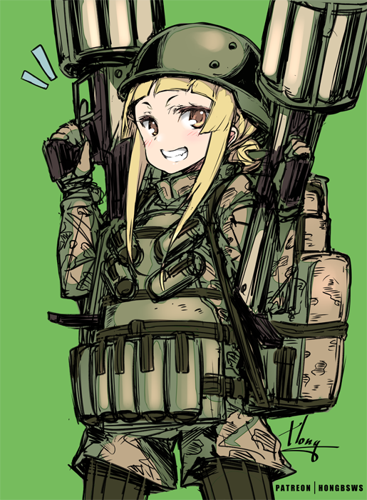 backpack bag blonde_hair brown_eyes commentary_request dual_wielding explosive fukaziroh_(sao) gloves green_background grenade grenade_launcher grin gun helmet holding holding_gun holding_weapon hong_(white_spider) jacket long_hair mgl-140 military military_uniform notice_lines pantyhose patreon_username rightony_&amp;_leftania signature simple_background smile solo standing sword_art_online sword_art_online_alternative:_gun_gale_online trigger_discipline uniform weapon