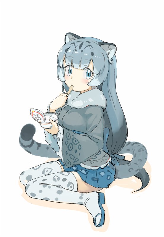 animal_ears animal_print bangs blue_eyes blue_footwear commentary expressionless eyebrows_visible_through_hair food frilled_sleeves frills from_side full_body fur_collar gradient_hair grey_hair hair_ornament hands_up holding ice_cream japanese_clothes jpeg_artifacts kanemaru_(knmr_fd) kemono_friends leopard_ears leopard_print leopard_tail long_hair long_sleeves looking_at_viewer low-tied_long_hair multicolored_hair official_art pleated_skirt print_legwear sandals simple_background sitting skirt snow_leopard_(kemono_friends) solo tail tareme thighhighs very_long_hair wariza white_background white_legwear wide_sleeves zettai_ryouiki