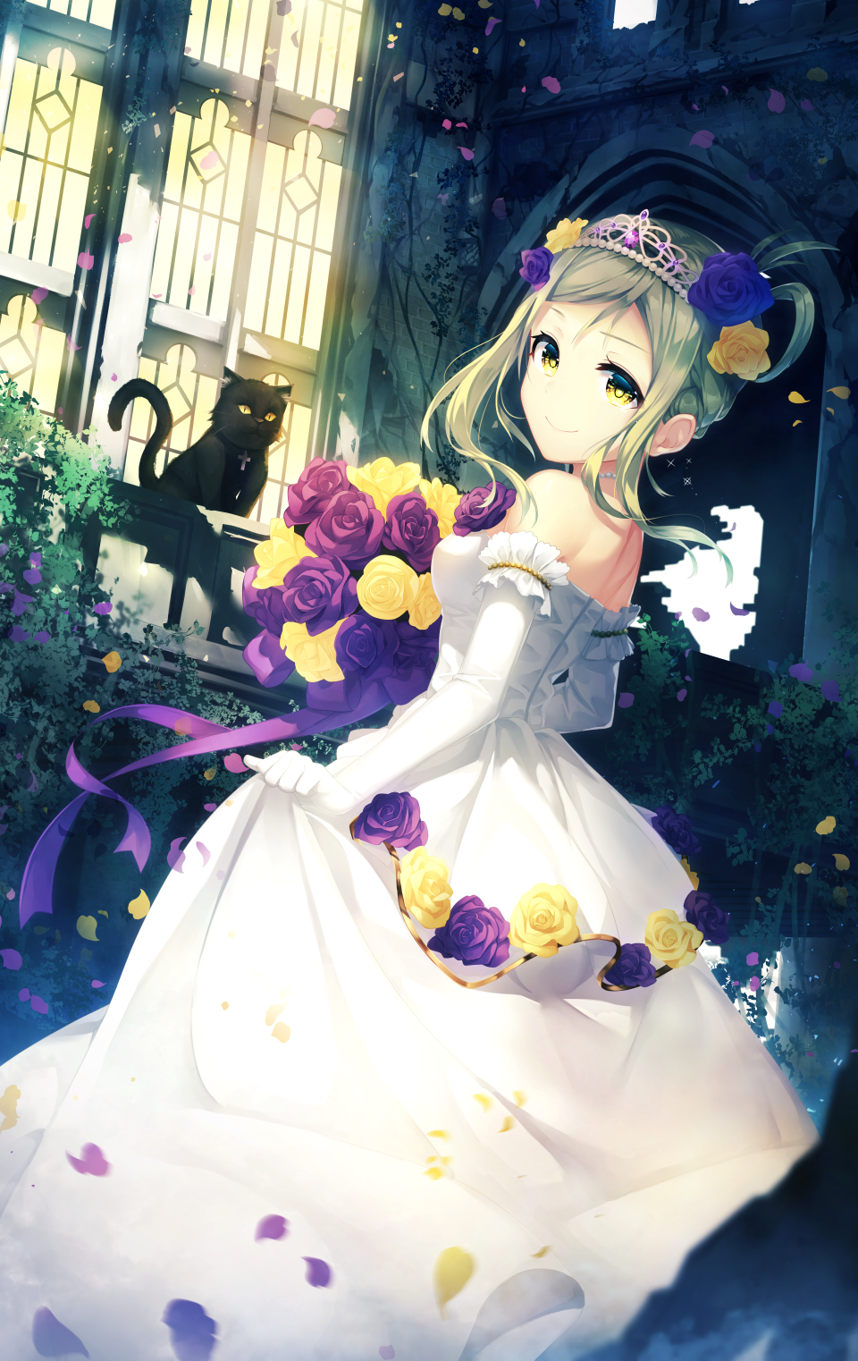 black_cat bouquet braid cat commentary_request dress elbow_gloves flower frilled_gloves frills gloves hair_flower hair_ornament hair_rings hair_up highres holding holding_bouquet jewelry kyouou_ena looking_at_viewer looking_back love_live! love_live!_sunshine!! necklace night ohara_mari outdoors pearl_necklace plant purple_flower purple_ribbon purple_rose ribbon rose sidelocks skirt_hold smile solo tiara vines white_dress window yellow_eyes yellow_flower yellow_rose