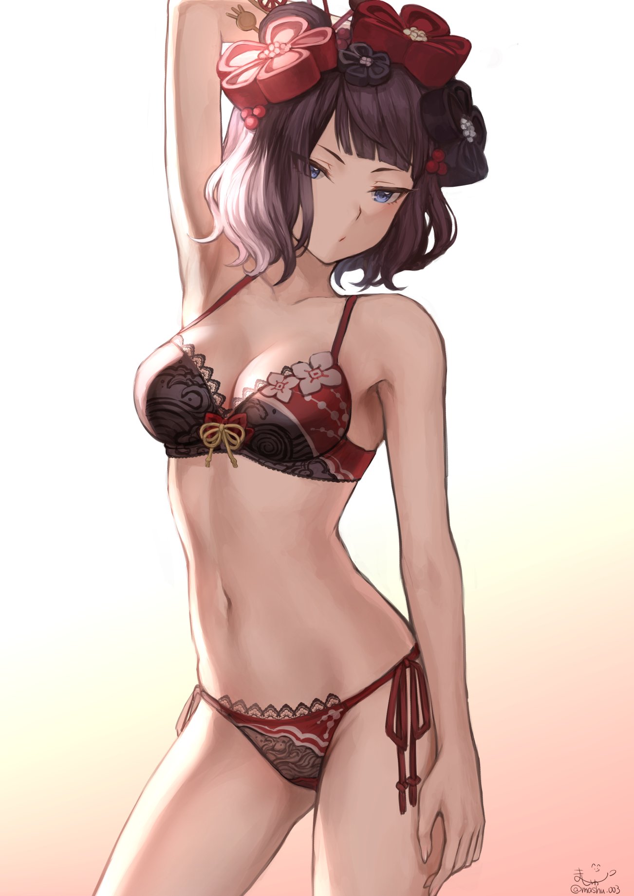 armpits arms_up black_hair blue_eyes bra breasts cleavage commentary fate/grand_order fate_(series) hair_ornament highres katsushika_hokusai_(fate/grand_order) lingerie mashu_003 navel panties short_hair side-tie_panties signature solo twitter_username underwear