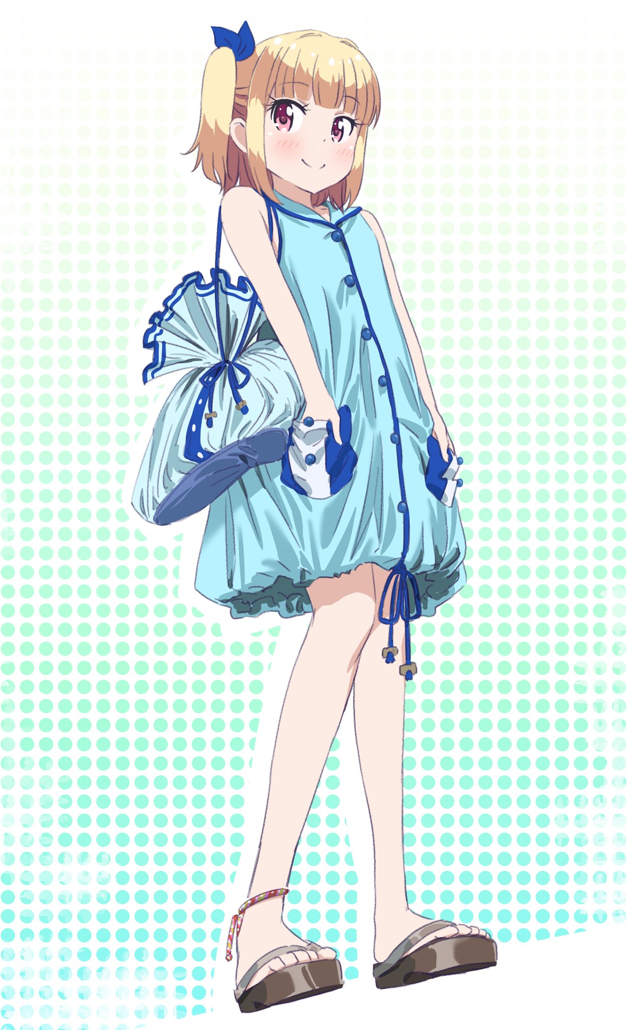 bag blonde_hair blue_bow blue_dress bow brown_footwear closed_mouth commentary_request dress hair_bow halftone halftone_background hands_in_pockets highres iijima_yun looking_at_viewer new_game! outline pink_x sandals short_dress short_hair shoulder_bag smile solo twintails white_outline