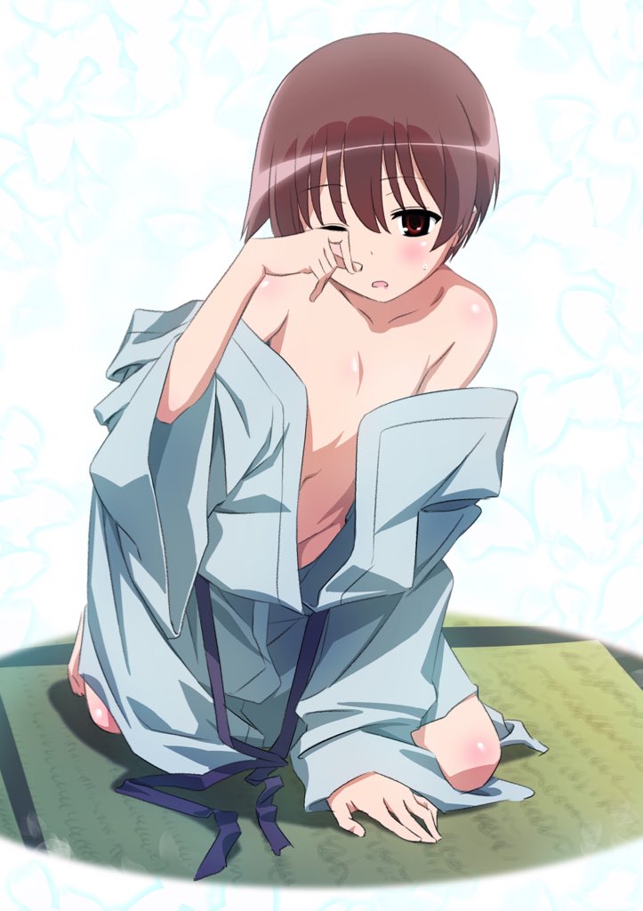 blush brown_eyes brown_hair commentary_request convenient_censoring flat_chest japanese_clothes kimono kneeling looking_at_viewer miyanaga_saki off_shoulder one_eye_closed parted_lips pink_x rubbing_eyes saki solo sweatdrop tatami waking_up wiping_face yukata