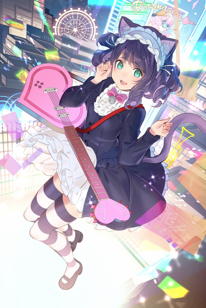 :d animal_ears black_footwear cat_ears cat_tail city commentary cyan_(show_by_rock!!) dress drill_hair green_eyes guitar hairband heart highres instrument koyoi_mitsuki long_hair long_sleeves looking_at_viewer open_mouth purple_dress purple_hair shoes show_by_rock!! smile solo striped striped_legwear tail thighhighs