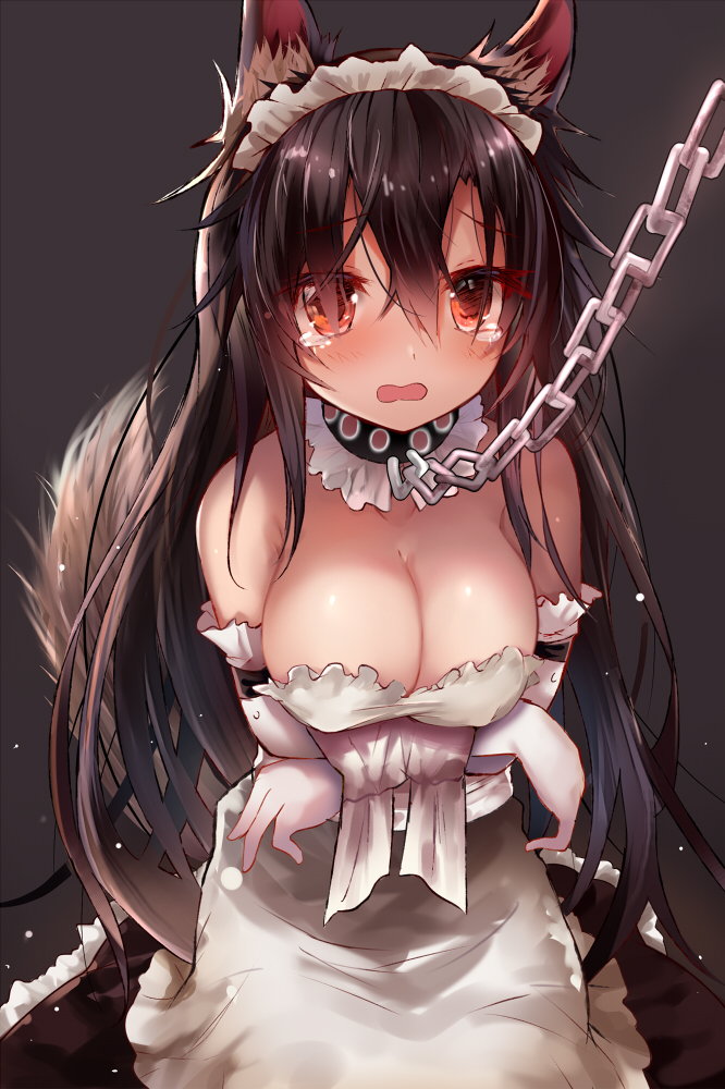 alternate_costume animal_ears apron bare_shoulders bdsm black_collar black_dress blush bondage bound bound_arms breasts brown_hair chain cleavage collar commentary_request dress efe elbow_gloves enmaided eyebrows_visible_through_hair gloves grey_background hair_between_eyes imaizumi_kagerou large_breasts light_particles long_hair looking_at_viewer maid maid_apron maid_headdress md5_mismatch open_mouth petticoat red_eyes seiza simple_background sitting solo strapless strapless_dress tail touhou upper_body very_long_hair waist_apron white_apron white_gloves wolf_ears wolf_tail