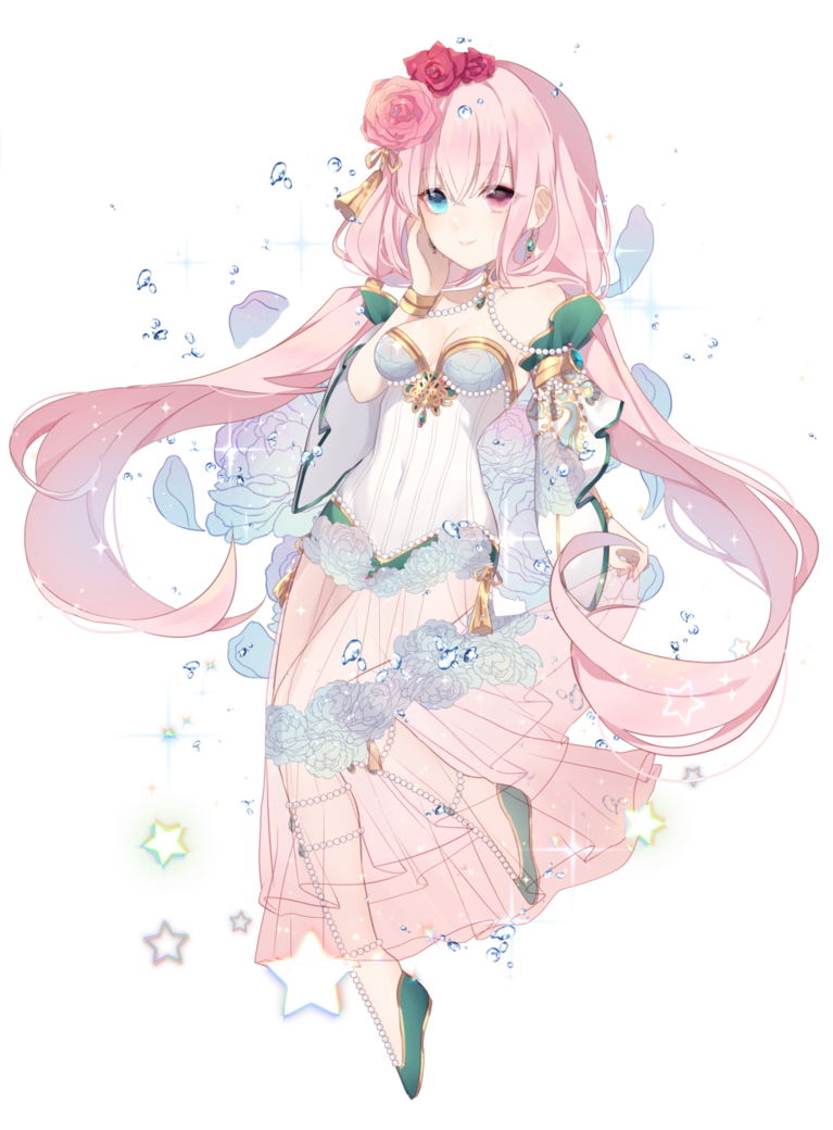 bare_shoulders blue_eyes breasts cleavage commission dress earrings flower full_body hair_ornament heterochromia jewelry lilianei long_hair necklace original pink_eyes pink_hair rose see-through skin_tight transparent_background twintails