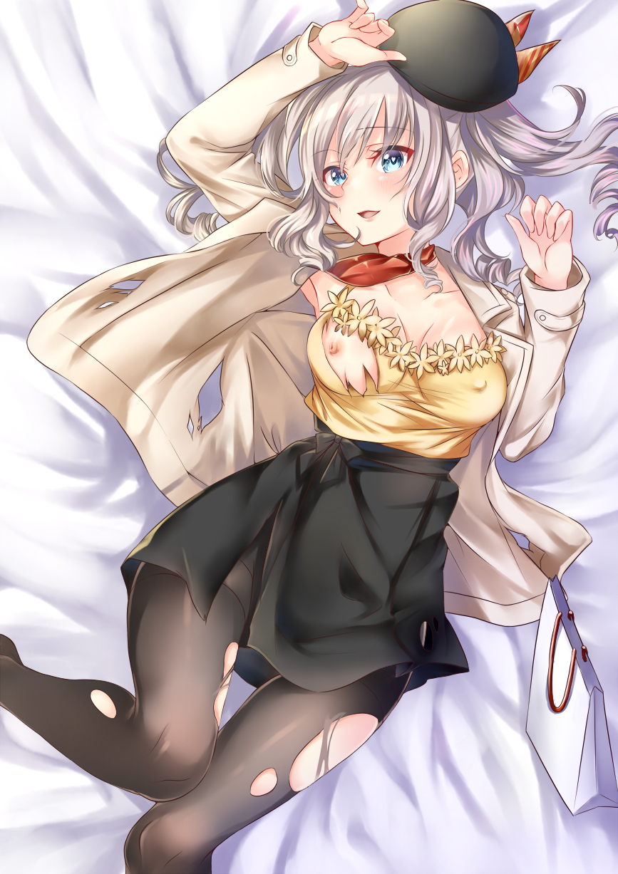 alternate_costume areolae armpits bag bangs bed_sheet beige_jacket beret black_hat black_legwear black_skirt blue_eyes blush breasts casual collarbone commentary_request covered_nipples eyebrows_visible_through_hair hair_between_eyes hat head_tilt heart heart-shaped_pupils high-waist_skirt highres jacket kantai_collection kashima_(kantai_collection) large_breasts long_hair long_sleeves looking_at_viewer lying mashiro_aa neckerchief nipples no_bra on_back on_bed open_mouth pantyhose red_neckwear shopping_bag sidelocks silver_hair skirt smile solo symbol-shaped_pupils thighband_pantyhose torn_clothes torn_jacket torn_legwear torn_skirt tsurime twintails two_side_up wavy_hair