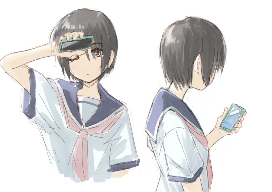 brown_eyes brown_hair cellphone commentary_request copyright_request hand_up holding holding_cellphone holding_phone looking_at_viewer multiple_views neckerchief one_eye_closed phone pink_neckwear purple_sailor_collar sailor_collar school_uniform serafuku shirt short_hair simple_background smartphone umiroku white_background white_shirt