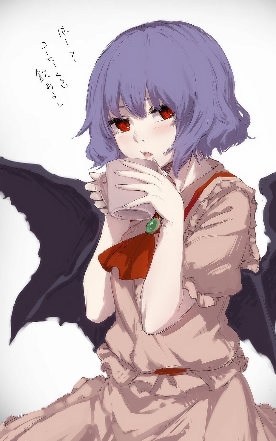 bangs bat_wings blush commentary_request cup frills highres holding holding_cup looking_at_viewer mug no_hat no_headwear open_mouth pink_shirt purple_hair red_eyes remilia_scarlet shirt short_hair short_sleeves skirt skirt_set solo terimayo touhou translation_request wings