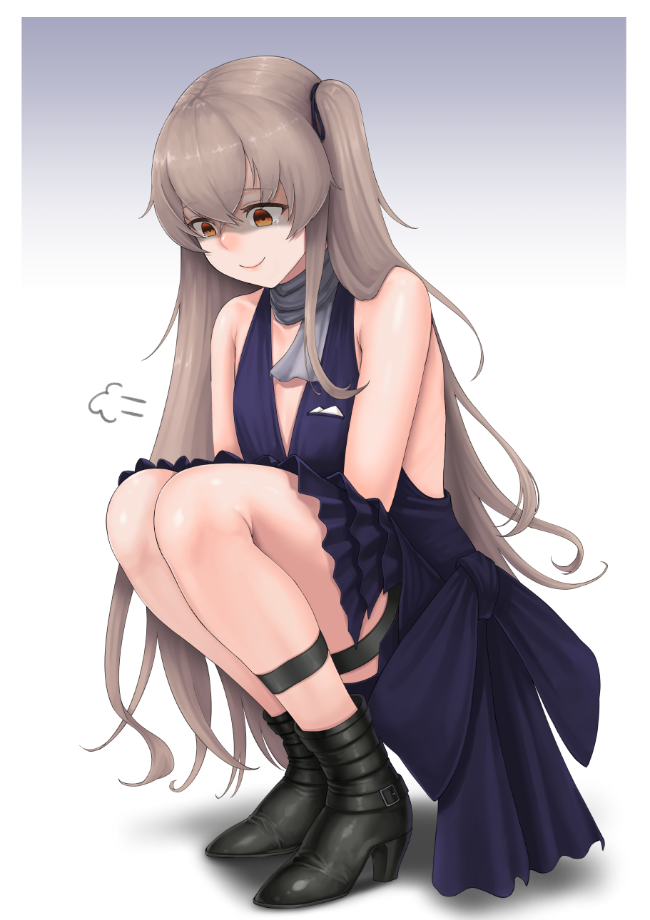 alternate_costume bangle bangs bare_shoulders black_footwear blush boots bracelet breasts brown_eyes brown_hair casual cleavage cloel closed_mouth collarbone crossed_arms crossed_bangs deflated dress eyebrows_visible_through_hair flat_chest full_body girls_frontline gradient gradient_background grey_scarf hair_between_eyes high_heel_boots high_heels highres jewelry knee_boots long_hair looking_at_breasts one_side_up pocket_square purple_dress scarf shaded_face sidelocks simple_background smile squatting tearing_up thigh_strap thighs ump45_(girls_frontline)