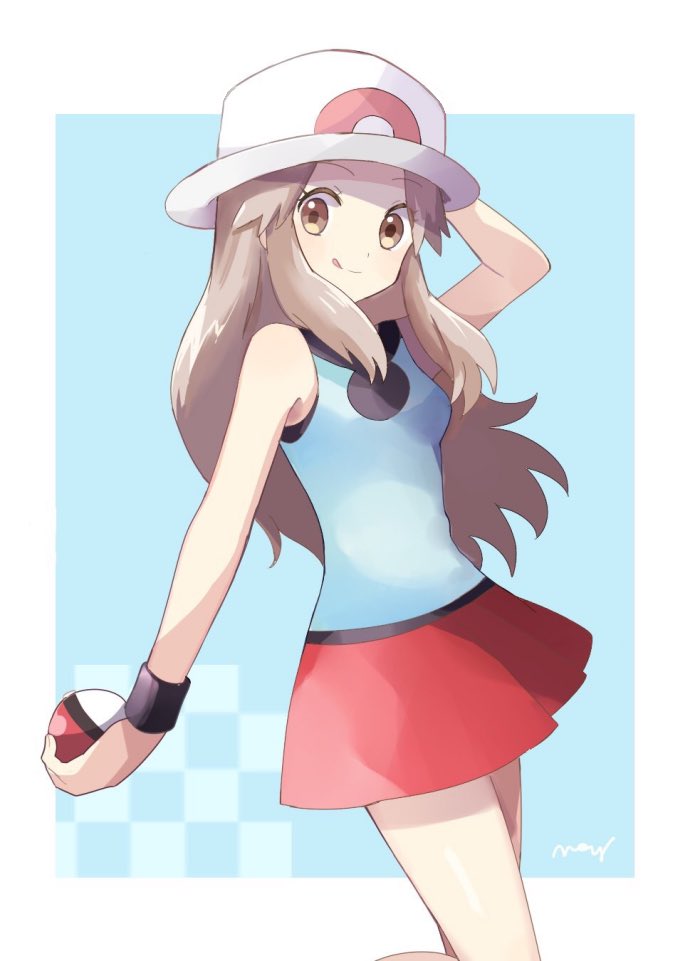 :q arm_up bare_shoulders blue_(pokemon) blue_background blue_shirt breasts brown_eyes brown_hair checkered closed_mouth eyebrows_visible_through_hair floating_hair hand_on_headwear hat holding holding_poke_ball long_hair looking_at_viewer mei_(maysroom) miniskirt poke_ball poke_ball_(generic) pokemon pokemon_(game) pokemon_frlg protected_link red_skirt shirt sidelocks signature skirt sleeveless sleeveless_shirt small_breasts smile solo standing tongue tongue_out white_hat wristband