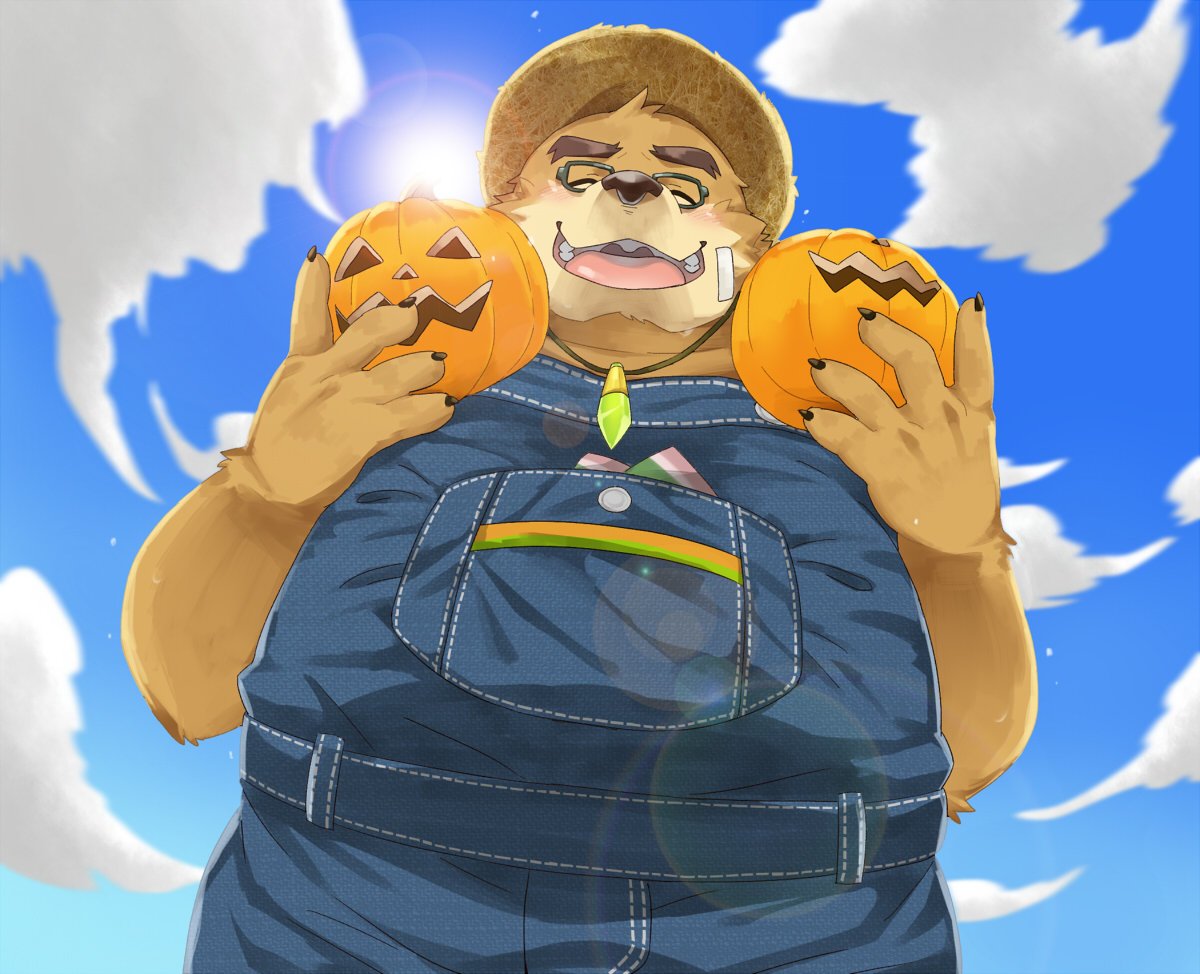 2018 anthro bear blush brown_fur clothed clothing eyes_closed eyewear food fruit fur glasses male mammal nikiciy overalls overweight overweight_male pumpkin solo tokyo_afterschool_summoners volos