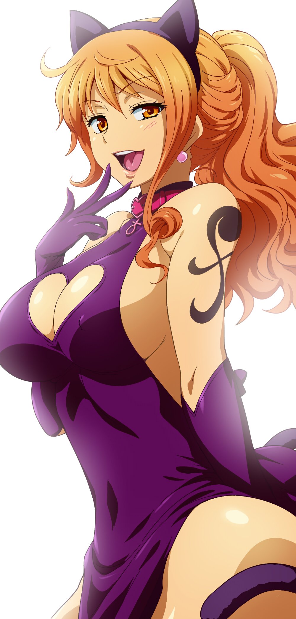 animal_ears arm_tattoo bangs bare_shoulders breasts cat_ears cat_tail cleavage_cutout collar covered_nipples dress dress_lift earrings eyebrows_visible_through_hair fake_animal_ears gloves hairband hairu heart_cutout highres hips jewelry large_breasts long_hair looking_at_viewer nami_(one_piece) no_bra one_piece open_mouth orange_eyes orange_hair ponytail purple_dress purple_gloves sideboob sidelocks smile smug solo star tail tattoo v venus_symbol wavy_hair white_background