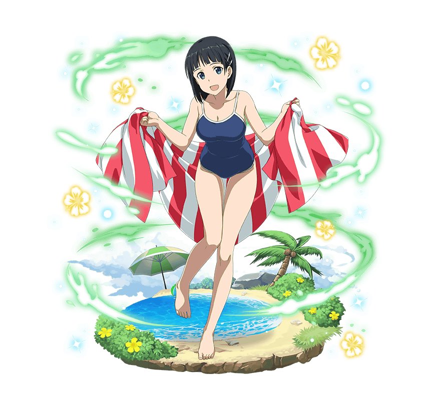 :d bangs barefoot black_eyes black_hair blue_swimsuit blunt_bangs breasts cleavage collarbone competition_school_swimsuit faux_figurine flower full_body hair_ornament hairclip head_tilt hibiscus holding kirigaya_suguha large_breasts leaning_forward leg_up long_legs looking_at_viewer open_mouth palm_tree school_swimsuit senritsu_reishiki short_hair simple_background smile solo standing standing_on_one_leg striped swimsuit sword_art_online sword_art_online:_code_register tree white_background yellow_flower