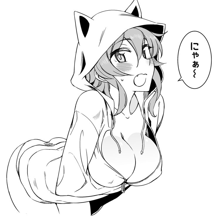 animal_ears animal_hood blush_stickers breasts cat_ears cleavage commentary_request greyscale hood hoodie kusanagi_tonbo large_breasts leaning_forward monochrome original paw_print solo speech_bubble