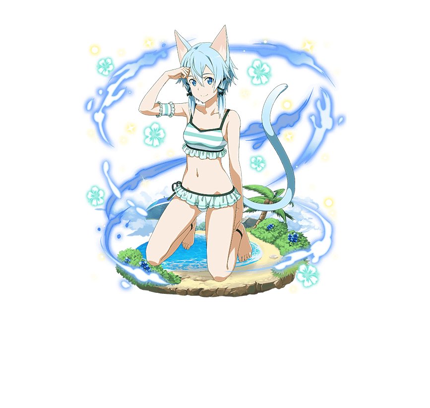 animal_ears anklet arm_strap bangs barefoot bikini black_ribbon blue_eyes blue_flower blue_hair breasts cat_ears cat_tail collarbone flower frilled_bikini frills full_body hair_between_eyes hair_ribbon hibiscus jewelry kneeling looking_at_viewer navel official_art palm_tree ribbon short_hair_with_long_locks sidelocks simple_background sinon sinon_(sao-alo) small_breasts smile solo striped striped_bikini swimsuit sword_art_online sword_art_online:_code_register tail tree white_background