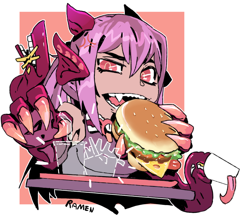 anger_vein artist_name claws commission dragon_girl dragon_horns eating extra_mouth fangs food french_fries gold_teeth hamburger head_fins heart holding horns jabberwock_(monster_girl_encyclopedia) long_hair looking_at_viewer monster_girl_encyclopedia open_mouth orange_background ponytail purple_hair ramenwarwok red_eyes signature simple_background solo tentacles tray upper_body