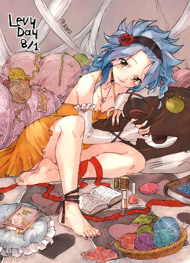 barefoot black_ribbon blue_hair blush book breasts brown_eyes character_name character_pillow cleavage collarbone detached_sleeves dress fairy_tail flower hair_flower hair_ornament headband jewelry levy_mcgarden long_hair medium_breasts nail_polish naked_ribbon necklace open_book orange_dress pantherlily pink_nails red_flower red_ribbon ribbon rusky short_dress signature sitting sleeveless sleeveless_dress smile solo