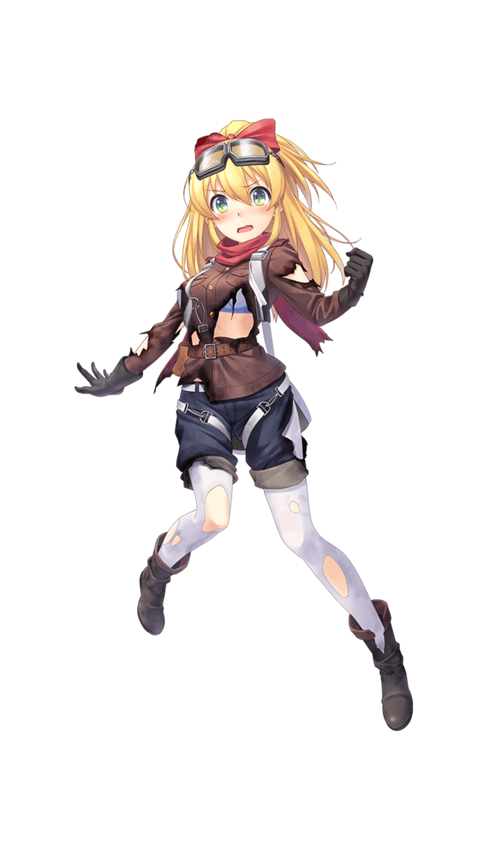 :o black_gloves blonde_hair blue_eyes blush boots breasts brown_footwear brown_jacket clenched_hand eva_nikitova formation_girls full_body gloves goggles goggles_on_head hair_ribbon highres jacket large_breasts looking_at_viewer official_art pantyhose ponytail red_ribbon red_scarf ribbon scarf short_shorts shorts solo tenkuu_nozora torn_clothes torn_legwear transparent_background v-shaped_eyebrows white_legwear
