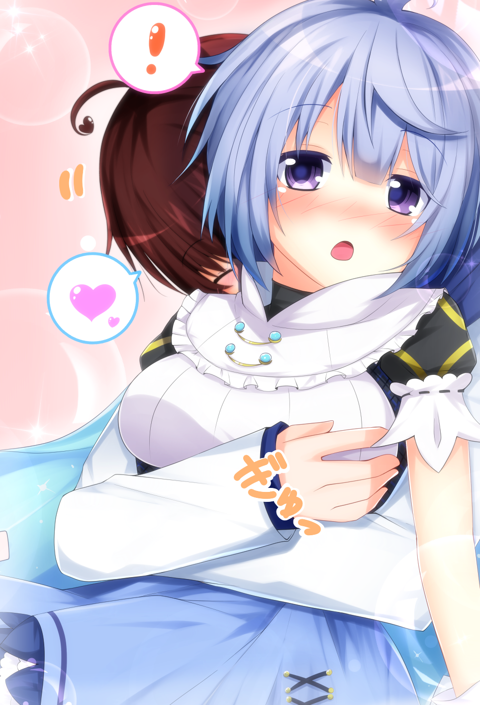 1girl blue_hair blush breasts cleavage flower_knight_girl heart highres hug hug_from_behind ipheion_(flower_knight_girl) looking_at_viewer medium_breasts open_mouth purple_eyes shironeko_haru short_hair